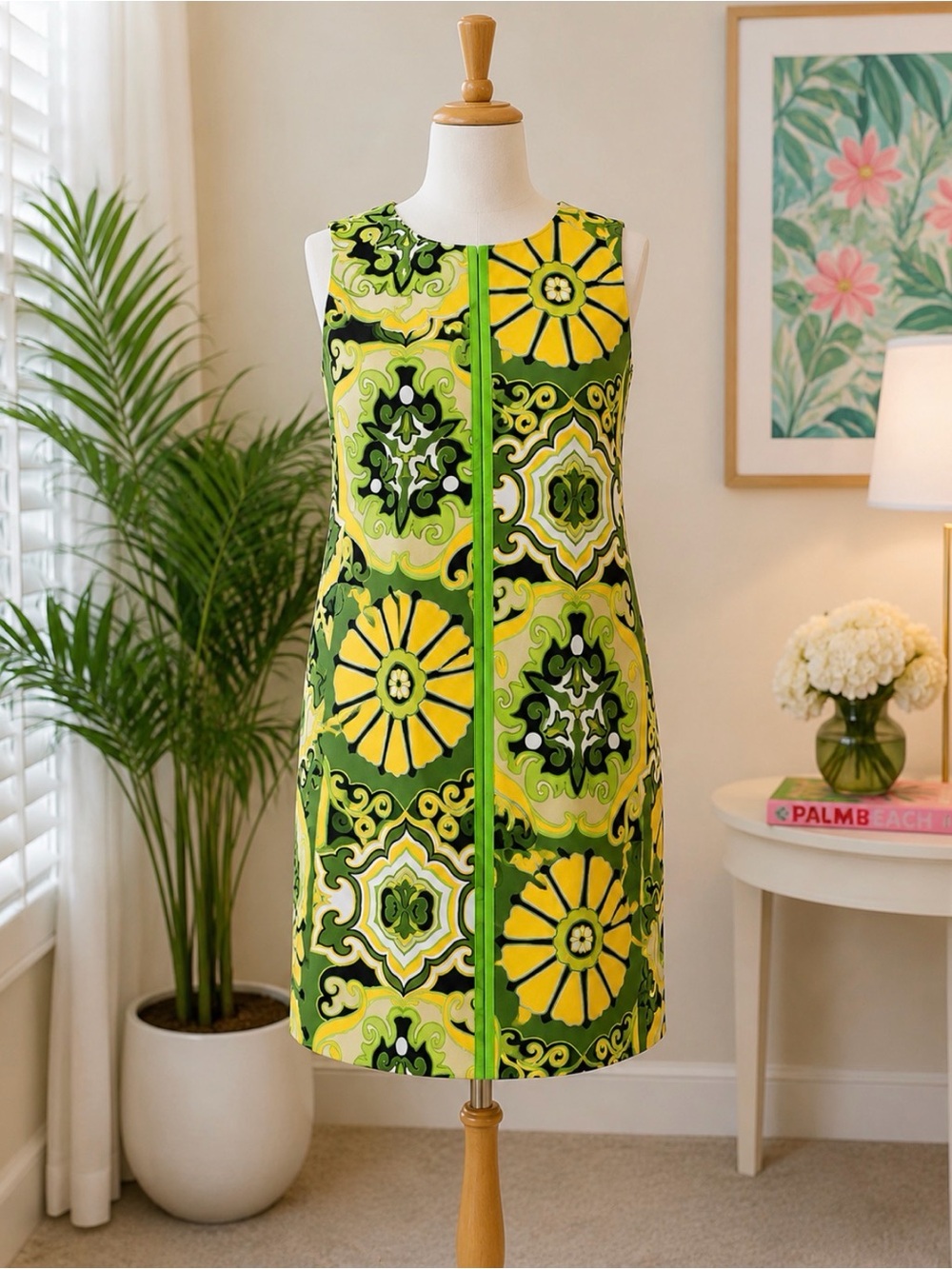 Vibrant Green & Yellow Geometric Mini Shift Dress